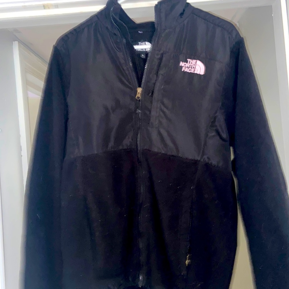 north face winter jacket with pink writing